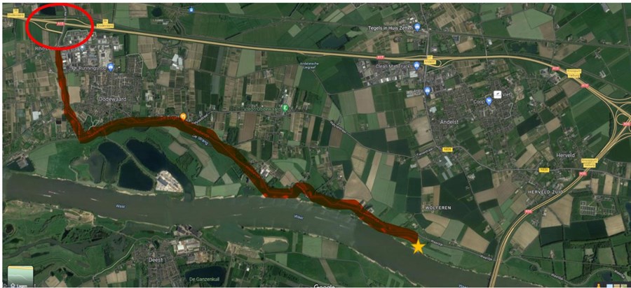 Transportroute vanaf de A15 afslag Dodewaard naar de Waaldijk ter hoogte van Wolferen